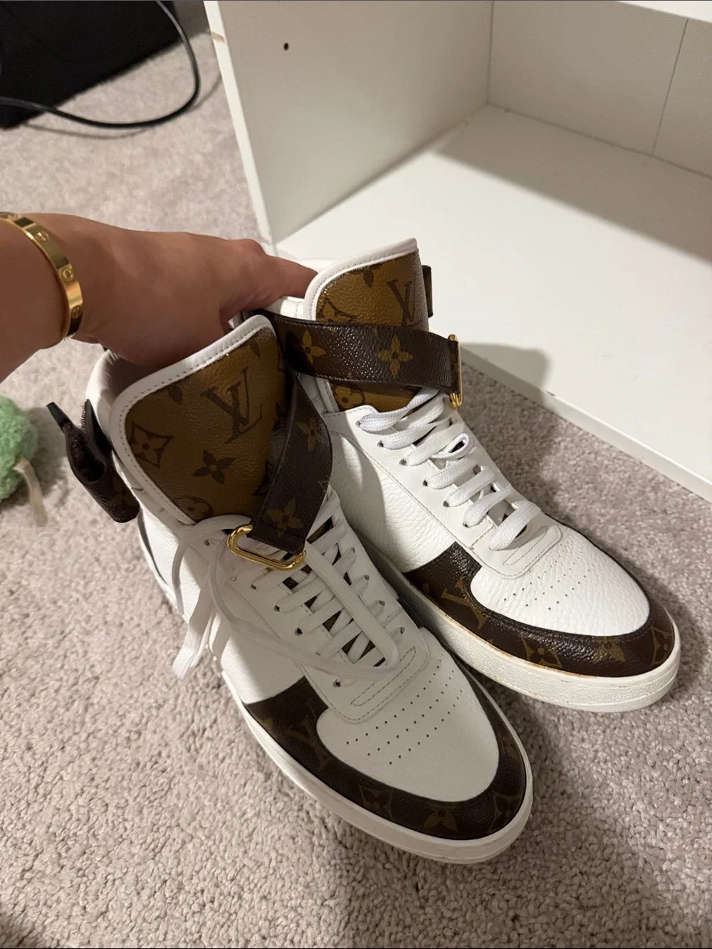 Louis Vuitton White & Brown Monogram High-Top Sneakers